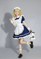Classic Navy Blue and White Lolita Maid Dress with Ruffled Apron and Puff Sleeves