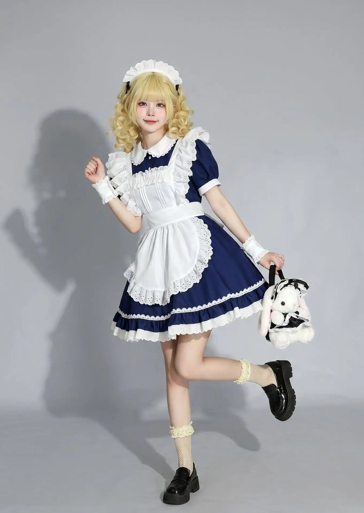 Classic Navy Blue and White Lolita Maid Dress with Ruffled Apron and Puff Sleeves
