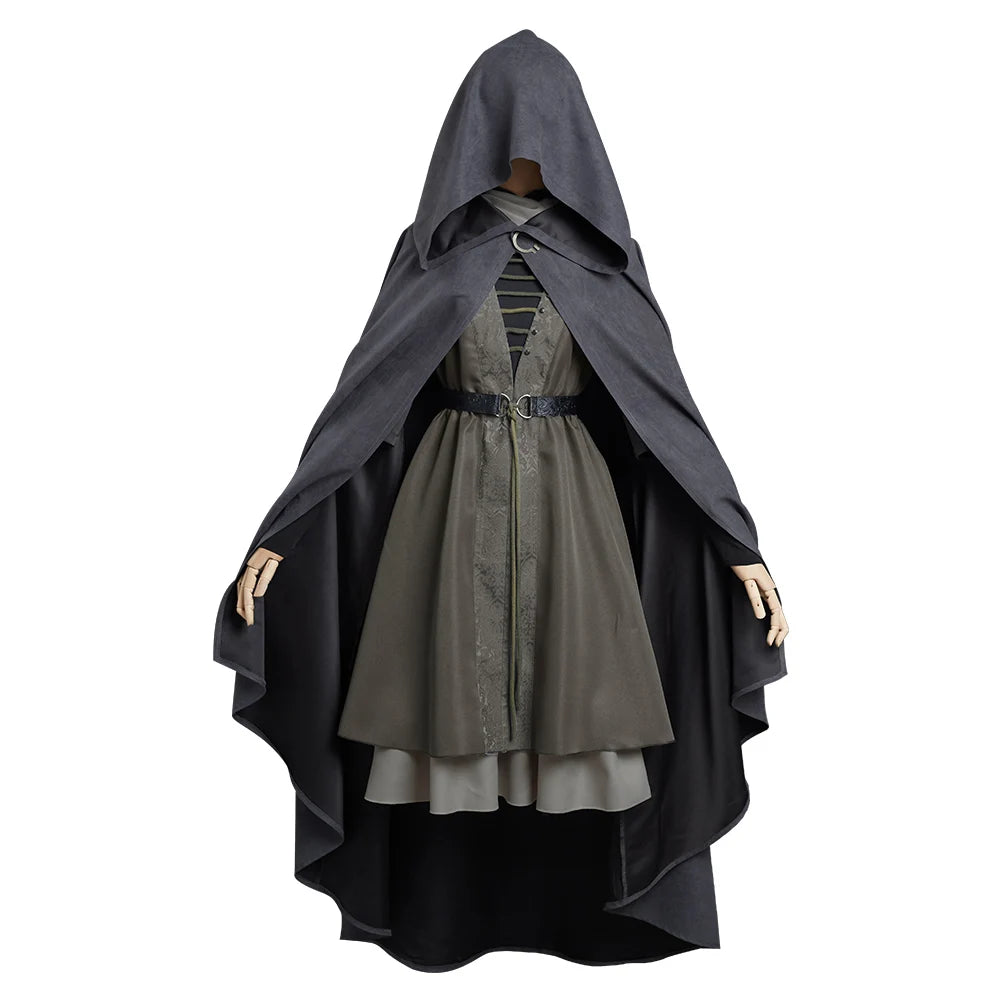 Women's Fantasy-Inspired Hooded Cape Dress Set with Layered Robe and Coordinated Wig