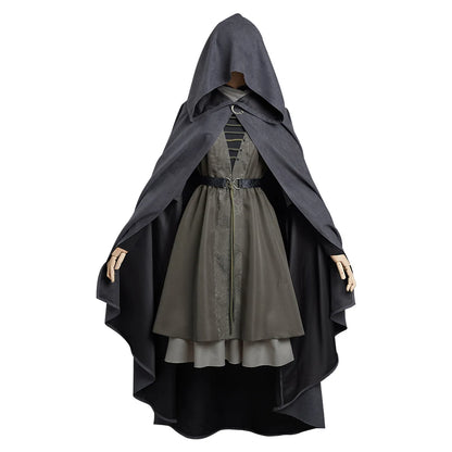 Women's Fantasy-Inspired Hooded Cape Dress Set with Layered Robe and Coordinated Wig