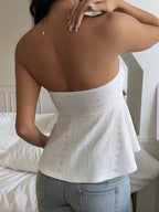 Strapless Drawstring Peplum Crop Top with Keyhole Detail Contemporary Style
