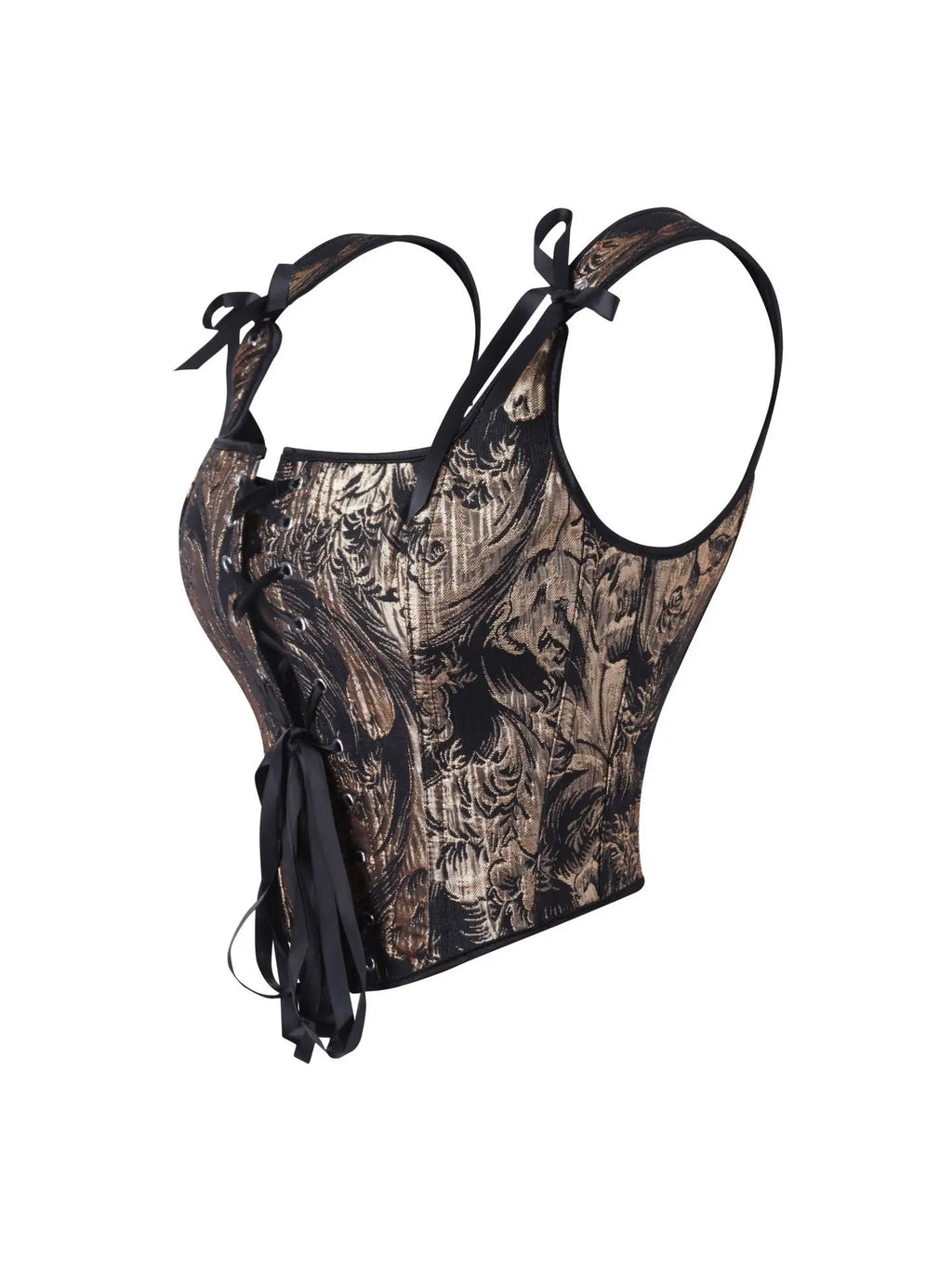 Black and Gold Botanical Jacquard Bustier Top with Ribbon Tie Details