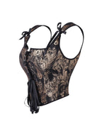 Black and Gold Botanical Jacquard Bustier Top with Ribbon Tie Details