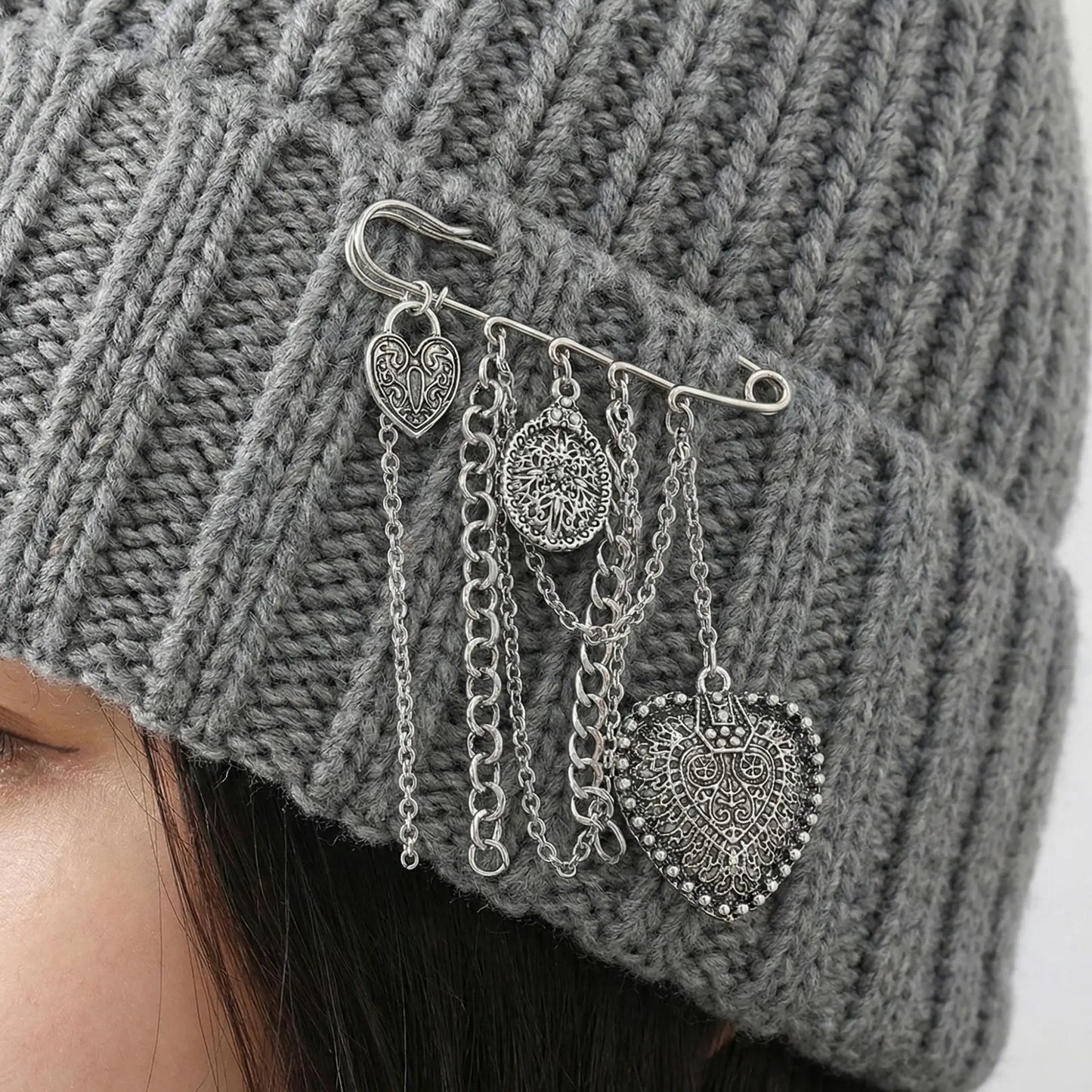 Gothic Heart Safety Pin Brooch with Layered Chains and Tassel Details