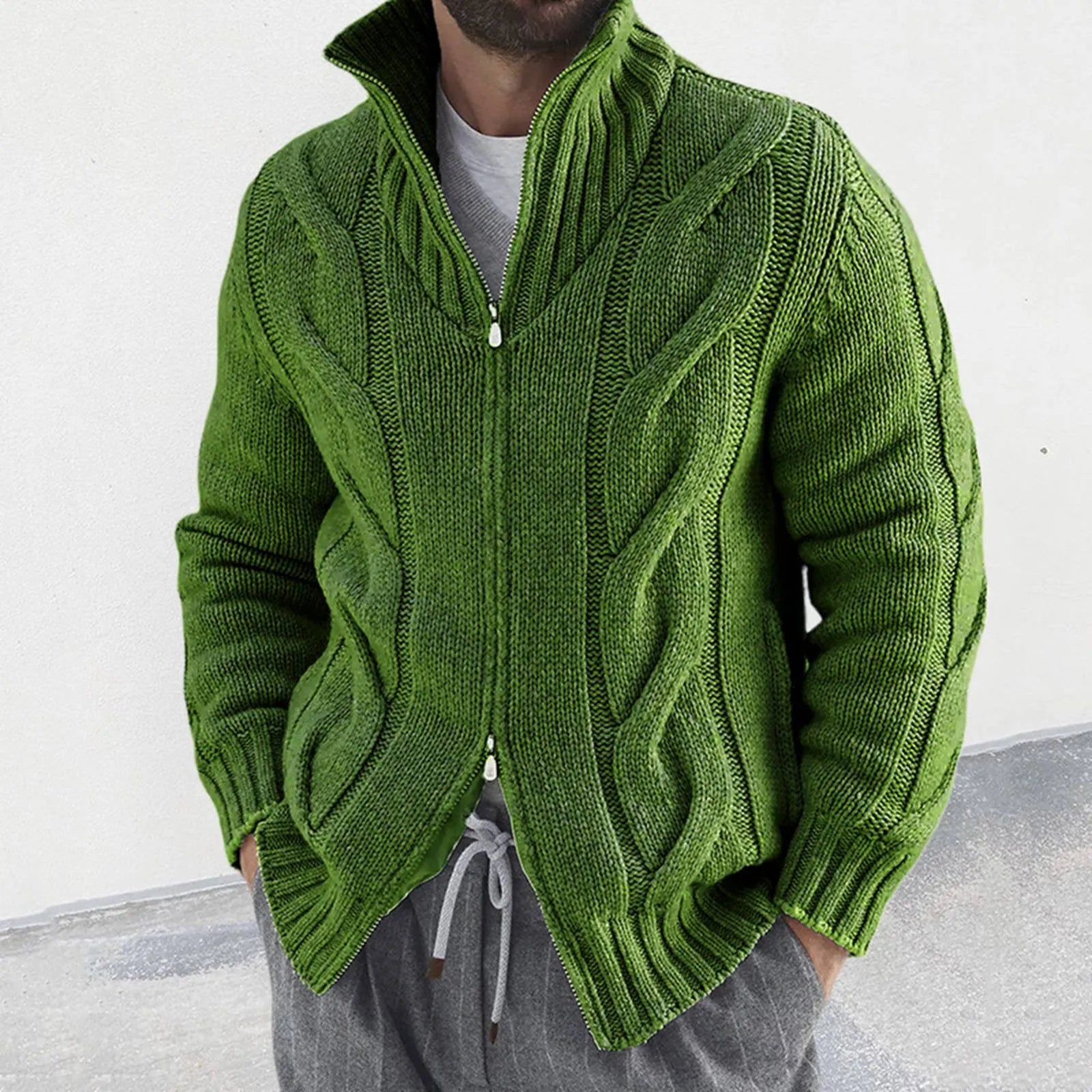 Men's Textured Zip Front Knit Cardigan with Relaxed Casual Hooded Design