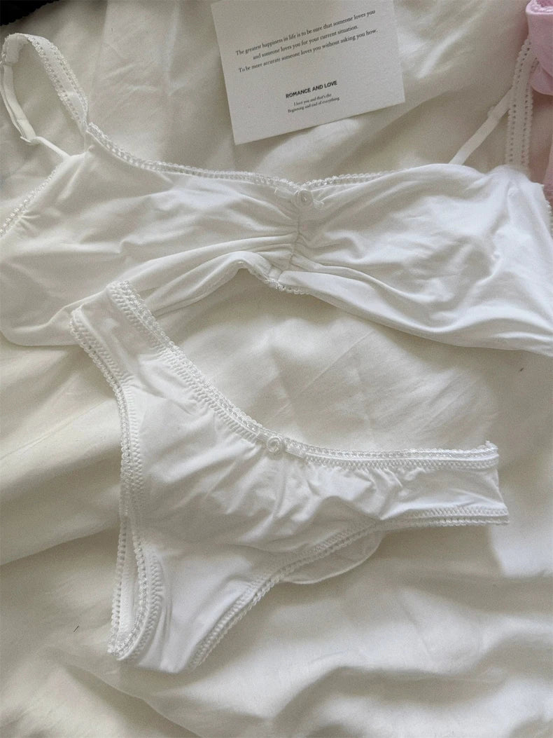 Minimalist Light Pink Wire-Free Lounge Bralette and Brief Set with Delicate Lace Edging