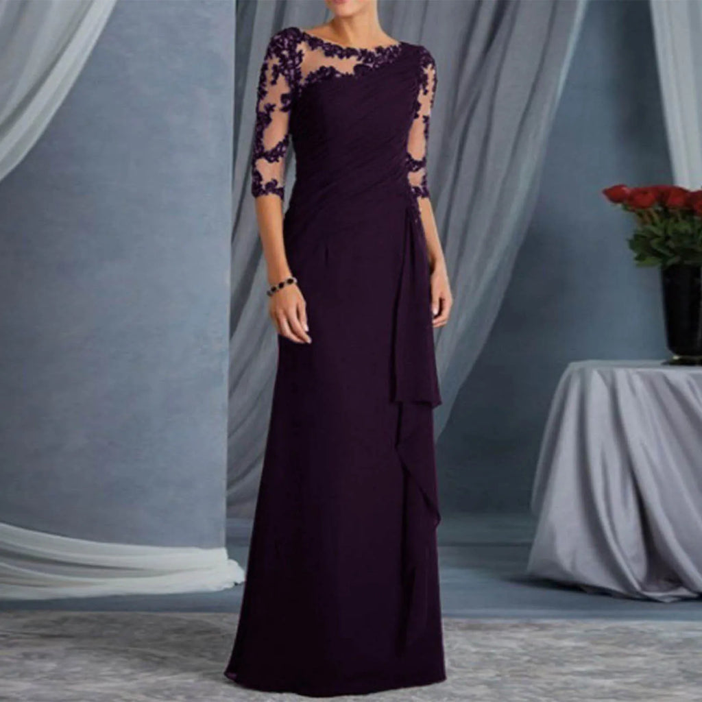 Lace Detail Maxi Dress with Sheer Sleeves and Elegant Column Silhouette