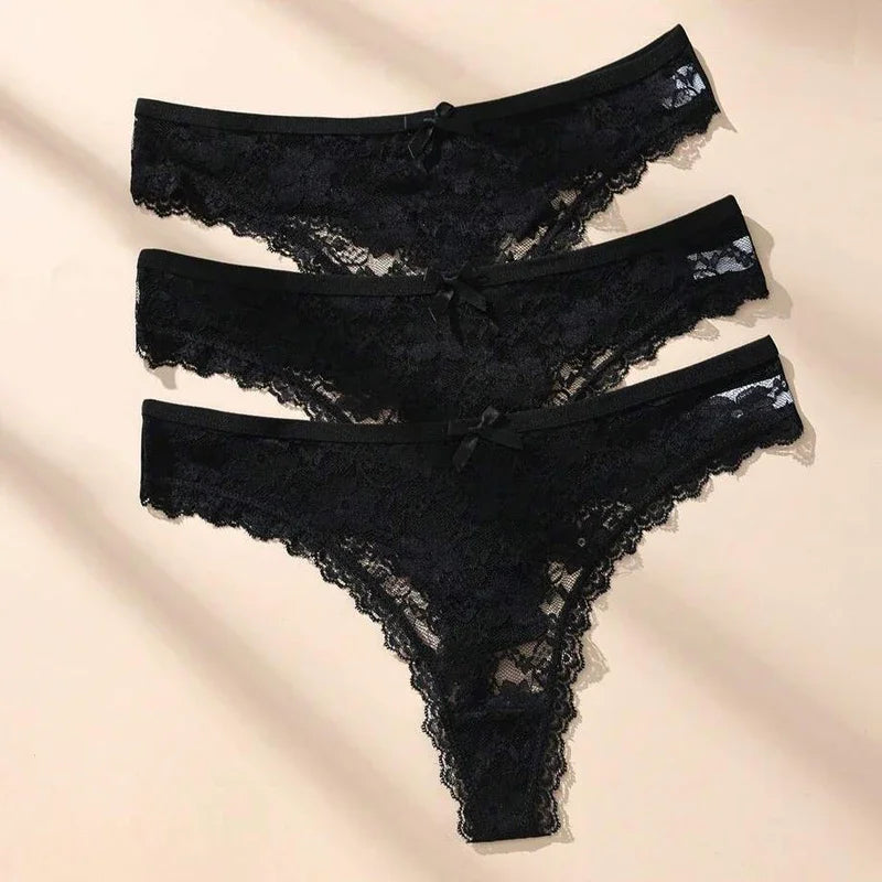 3-Piece Women’s Floral Lace Thong Set with Sheer-Look Panels, Low-Rise Silhouette and Assorted Feminine Colors