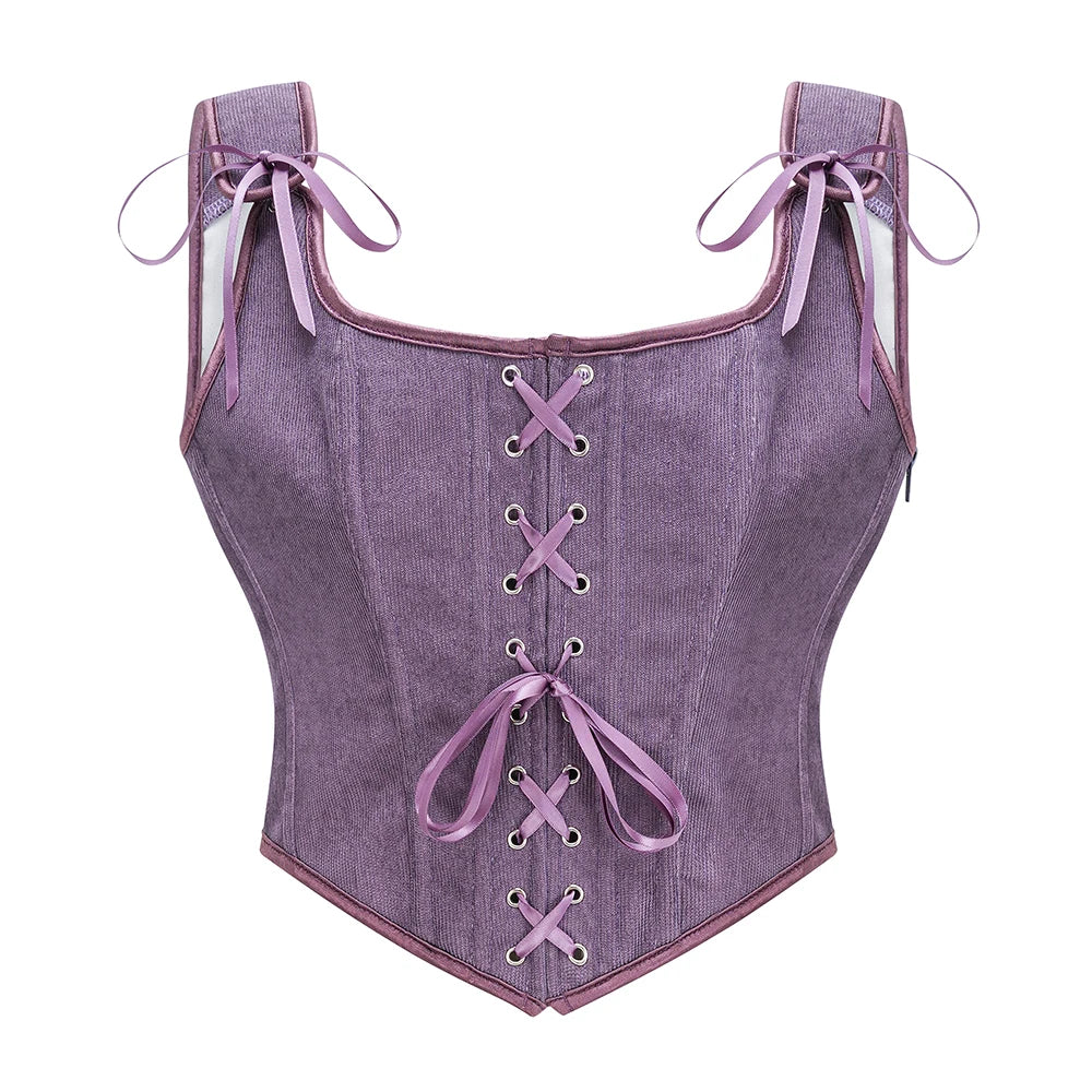 Vintage Lace-Up Corset Top with Shoulder Ties and Structured Panel Design