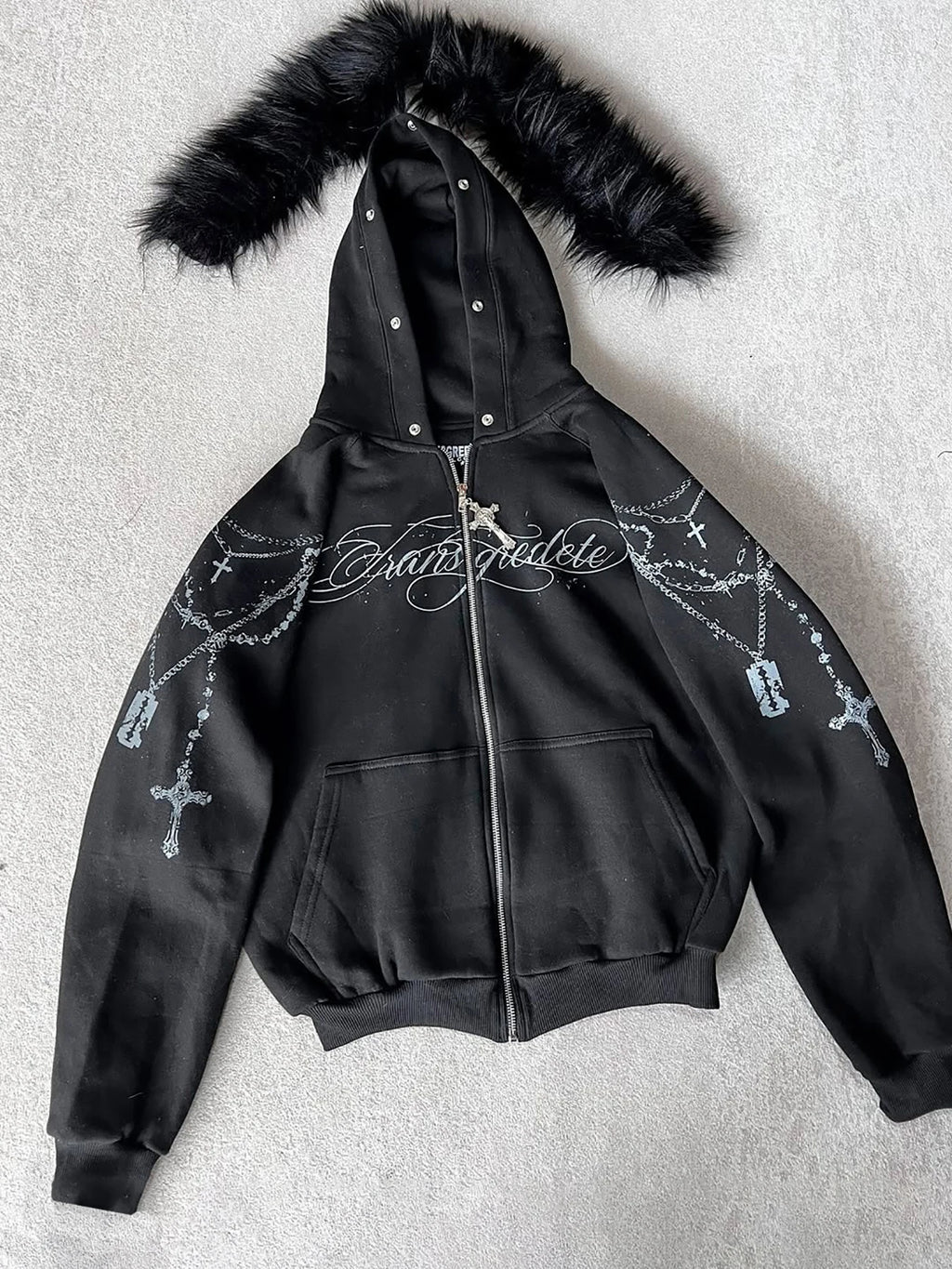Cropped Anime Goth Zip Hoodie With Distressed Streetwear Aesthetic