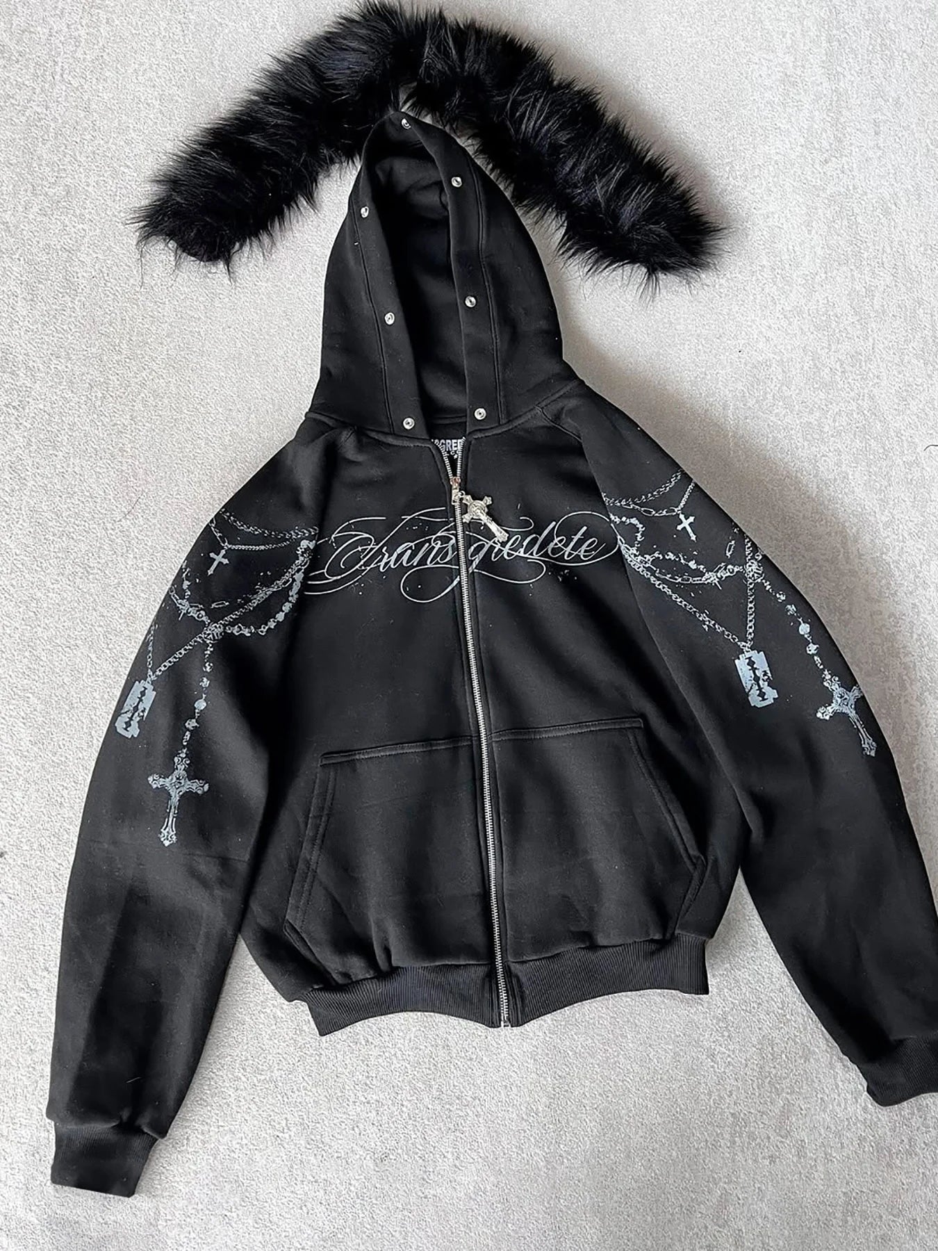 Cropped Anime Goth Zip Hoodie With Distressed Streetwear Aesthetic
