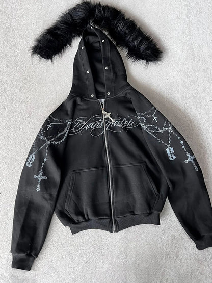 Cropped Anime Goth Zip Hoodie With Distressed Streetwear Aesthetic