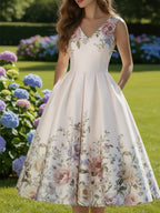 Elegant White Floral Print Swing Dress with V-Neckline and Pleated Skirt