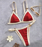 Textured Taupe Triangle Bikini with White Contrast Piping and Ring Hardware