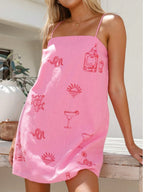 Spaghetti Strap Graphic Print A-Line Mini Dress with Relaxed Summer Silhouette