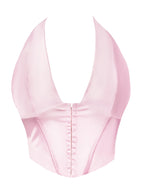 Sleek Black Satin Halter Bustier with Deep V-Neckline and Front Hook Closure