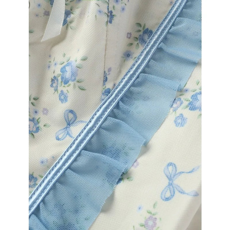 Blue and White Floral Strapless Corset with Ruffled Edging and Front Lace-Up
