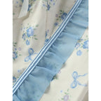 Blue and White Floral Strapless Corset with Ruffled Edging and Front Lace-Up