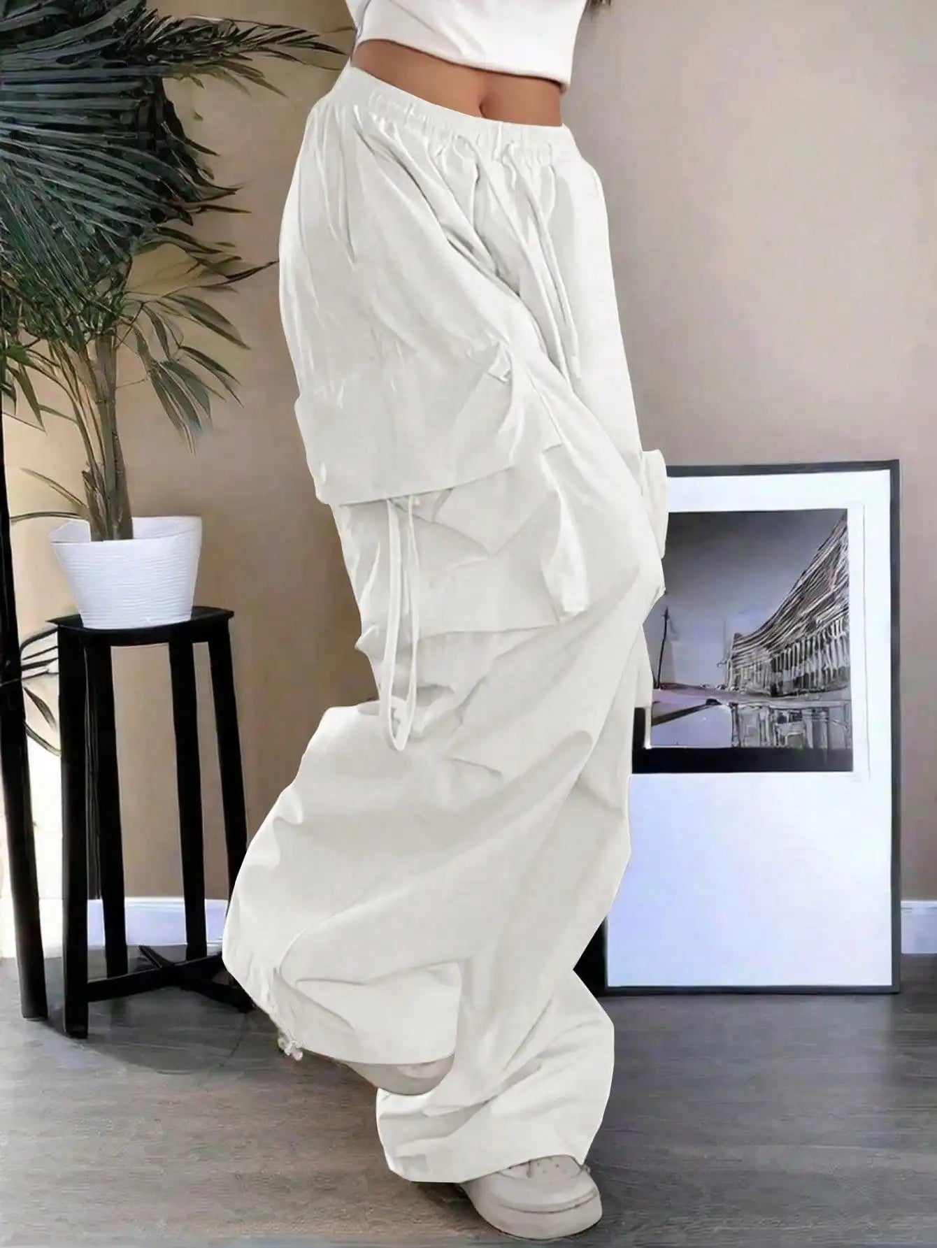 High Waist Cargo Pants with Flap Pockets Relaxed Wide Leg Streetwear Trousers
