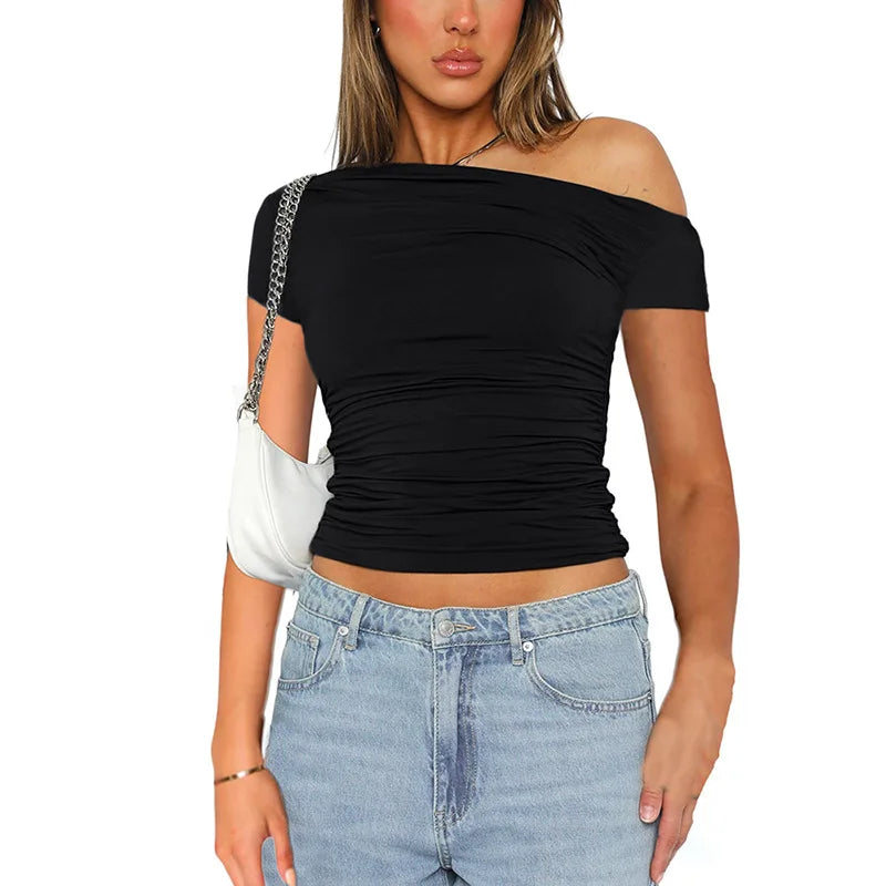 Women's Off Shoulder Ruched Crop Top for Minimalist Casual Streetwear Everyday Fashion Style