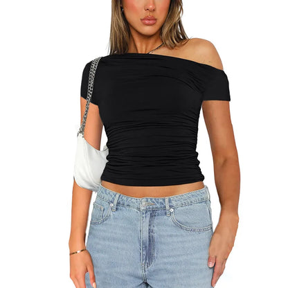 Women's Off Shoulder Ruched Crop Top for Minimalist Casual Streetwear Everyday Fashion Style