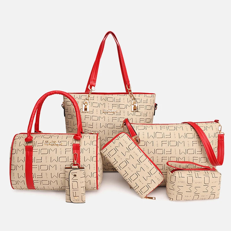 Six Piece Handbag Set with Tote Crossbody Wallet and Matching Accessories