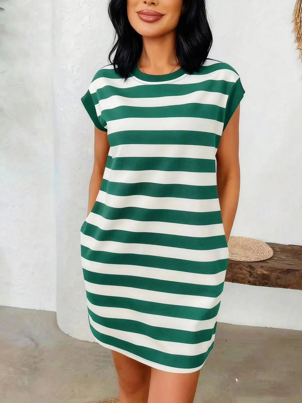 Striped Crew Neck Relaxed T-Shirt Mini Dress for Everyday Casual Style