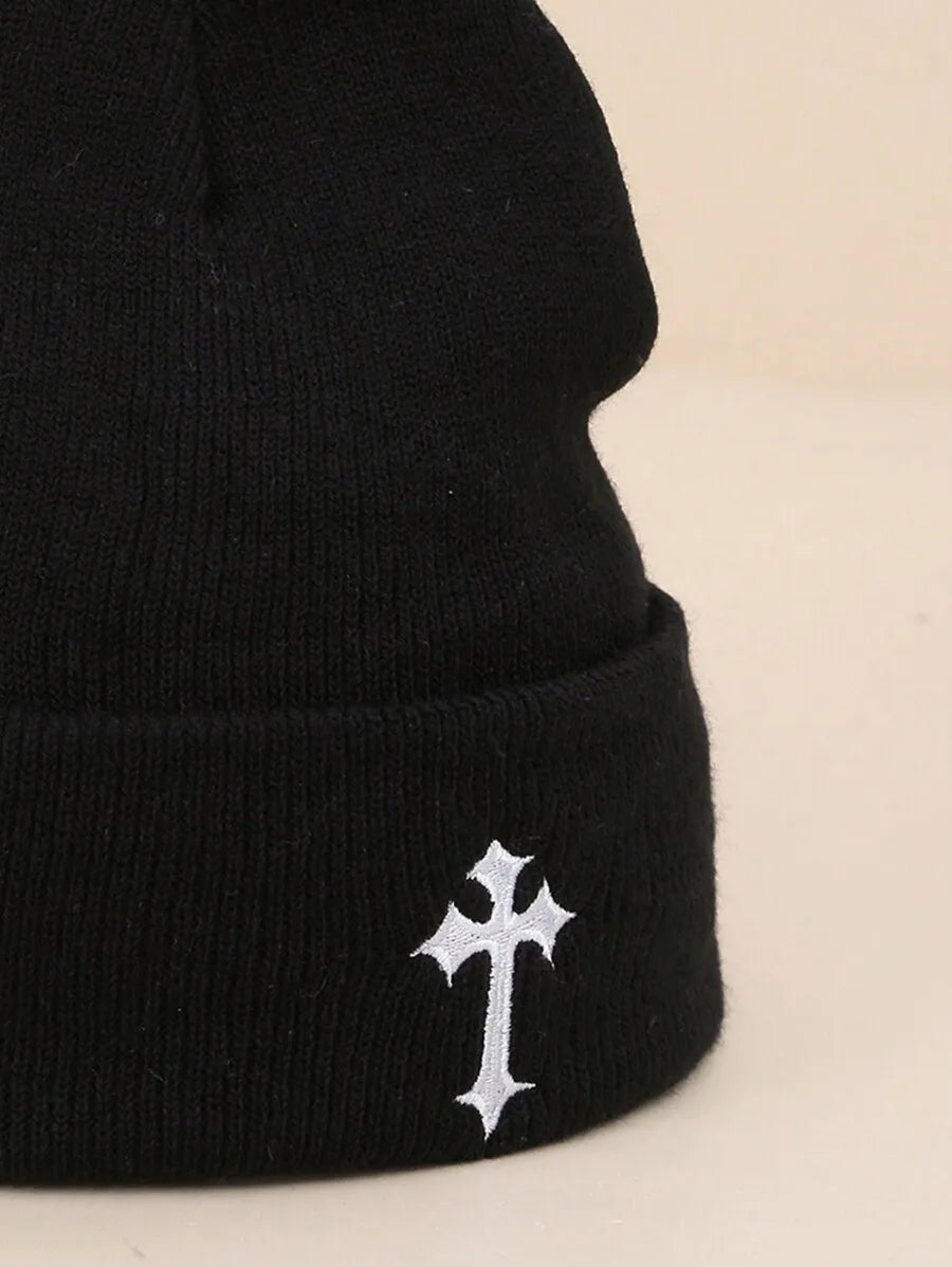 Minimalist Embroidered Cross Acrylic Knit Beanie for Modern Streetwear Winter Casual Fashion Style