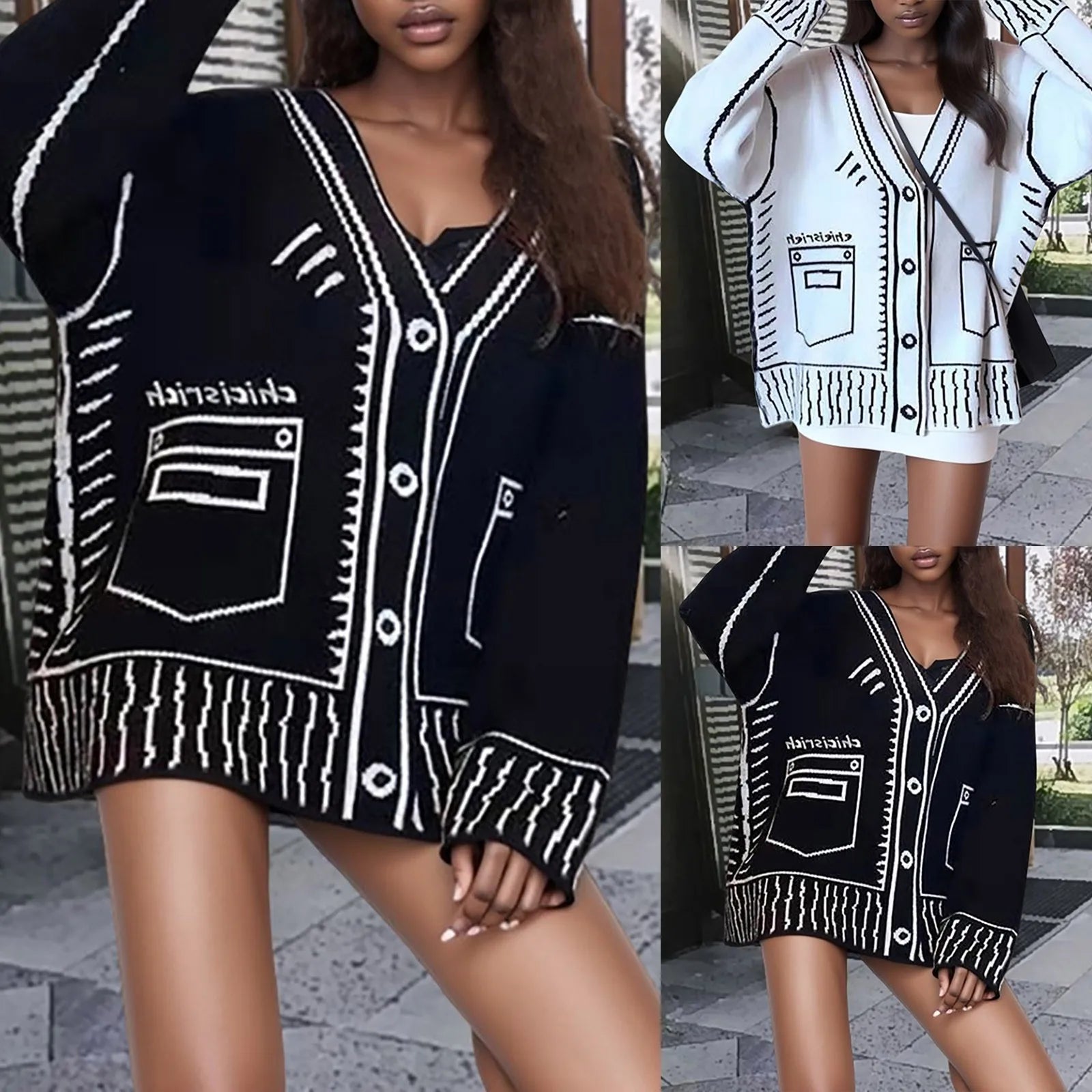 Women's Graphic Trim Knit Cardigan with Oversized Dropped Shoulder Silhouette