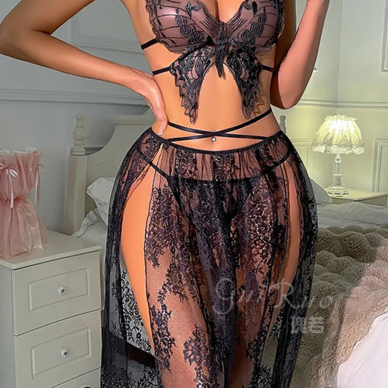 Sheer Black Lace Butterfly Bodice Ensemble with Flowing Midi Skirt