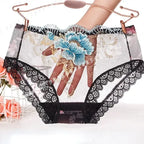 Women’s Floral Embroidered Lace Briefs with Sheer Panels, Low-Rise Silhouette and Delicate Feminine Detailing