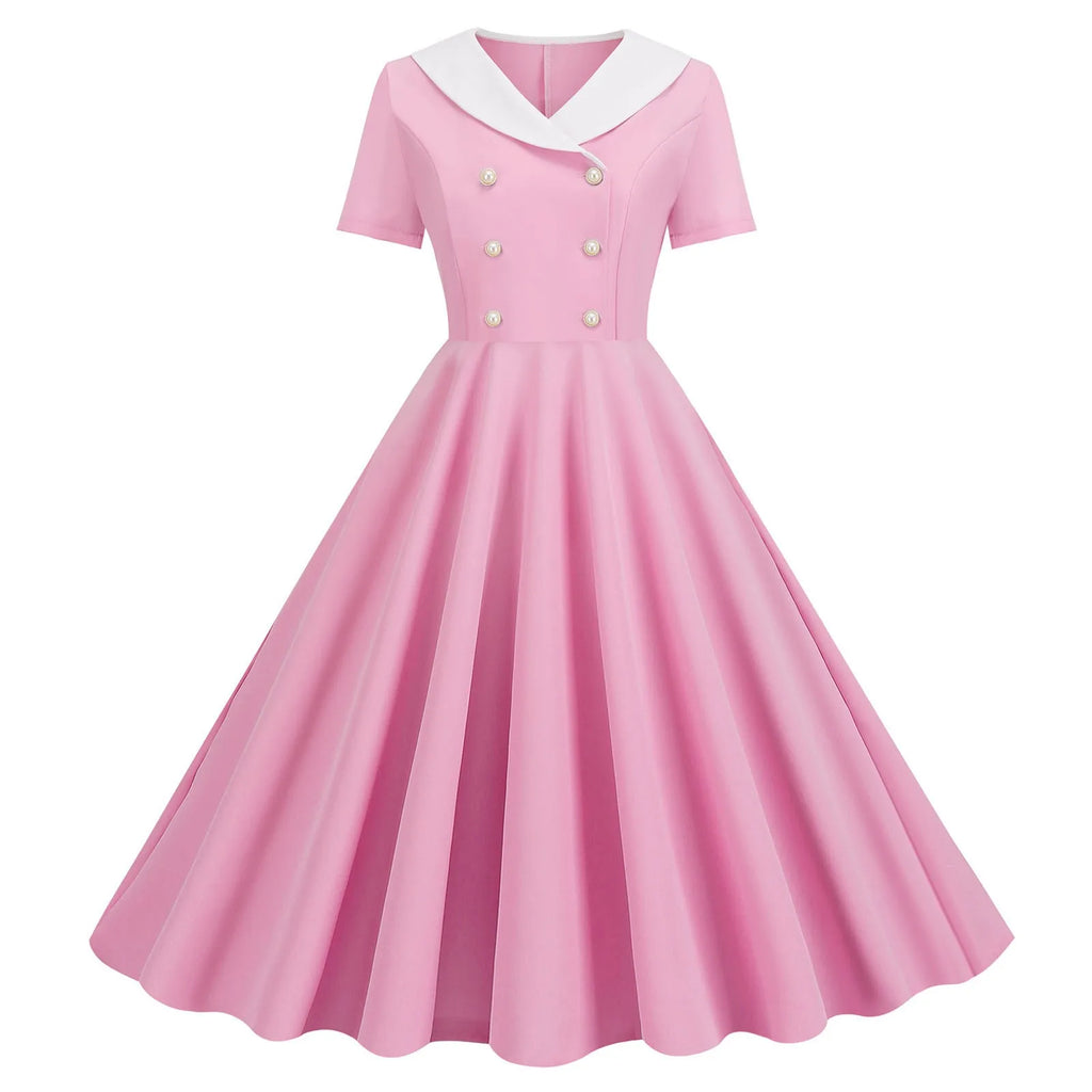 Vintage-Inspired Yellow Swing Dress with Contrast Collar and Decorative Buttons