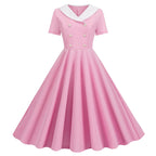 Vintage-Inspired Yellow Swing Dress with Contrast Collar and Decorative Buttons