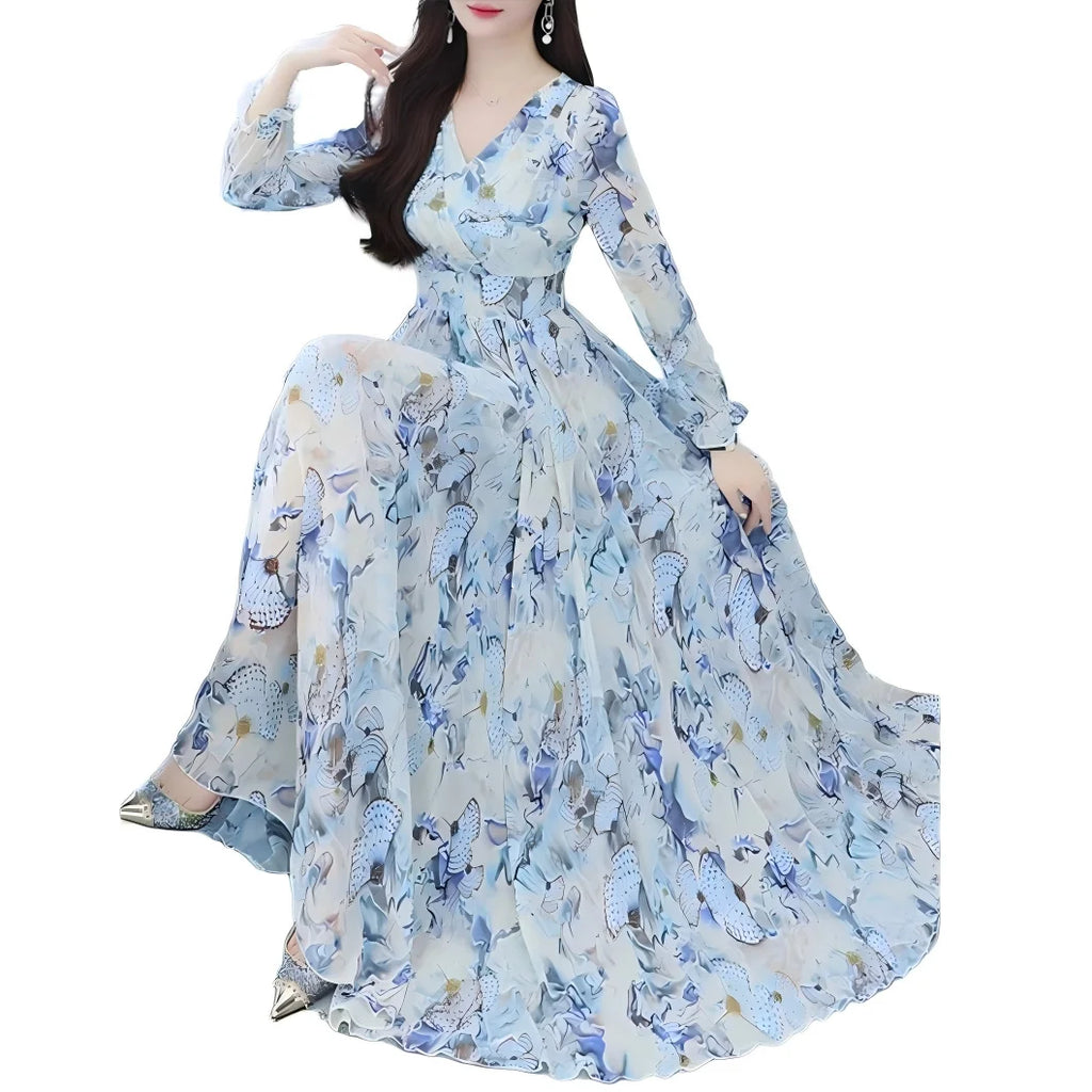 Flowing Botanical Print Maxi Dress with V-Neckline and Sheer Long Sleeves