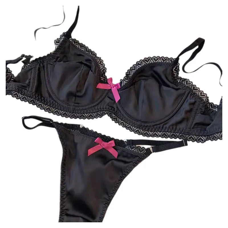 Sleek Black Satin-Finish Underwire Bra Set with Pink Ribbon Accents