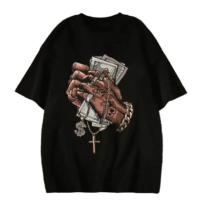 Oversized Graphic Hand Artwork T-Shirt with Vintage Urban Streetwear Styling