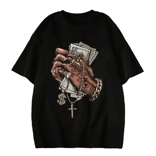 Oversized Graphic Hand Artwork T-Shirt with Vintage Urban Streetwear Styling