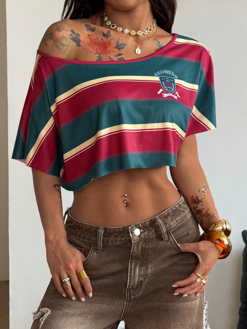 Off Shoulder Graphic Crop Tee with Relaxed Streetwear Inspired Silhouette