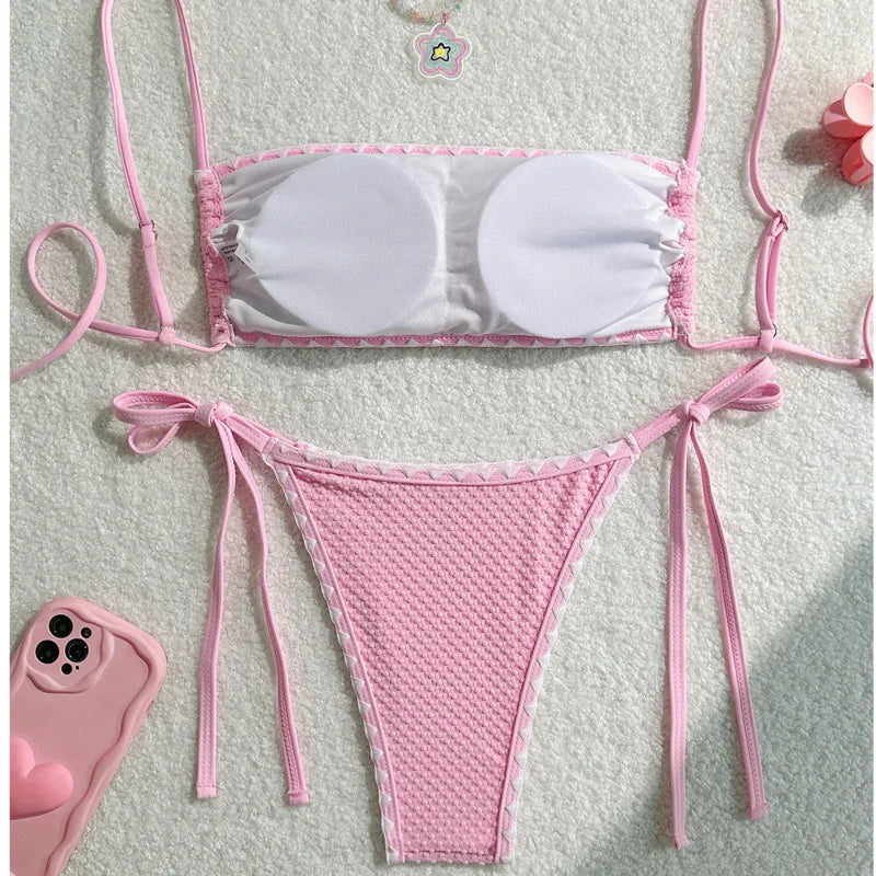 Textured Pink Bandeau String Bikini with Scalloped Ruffle Trim