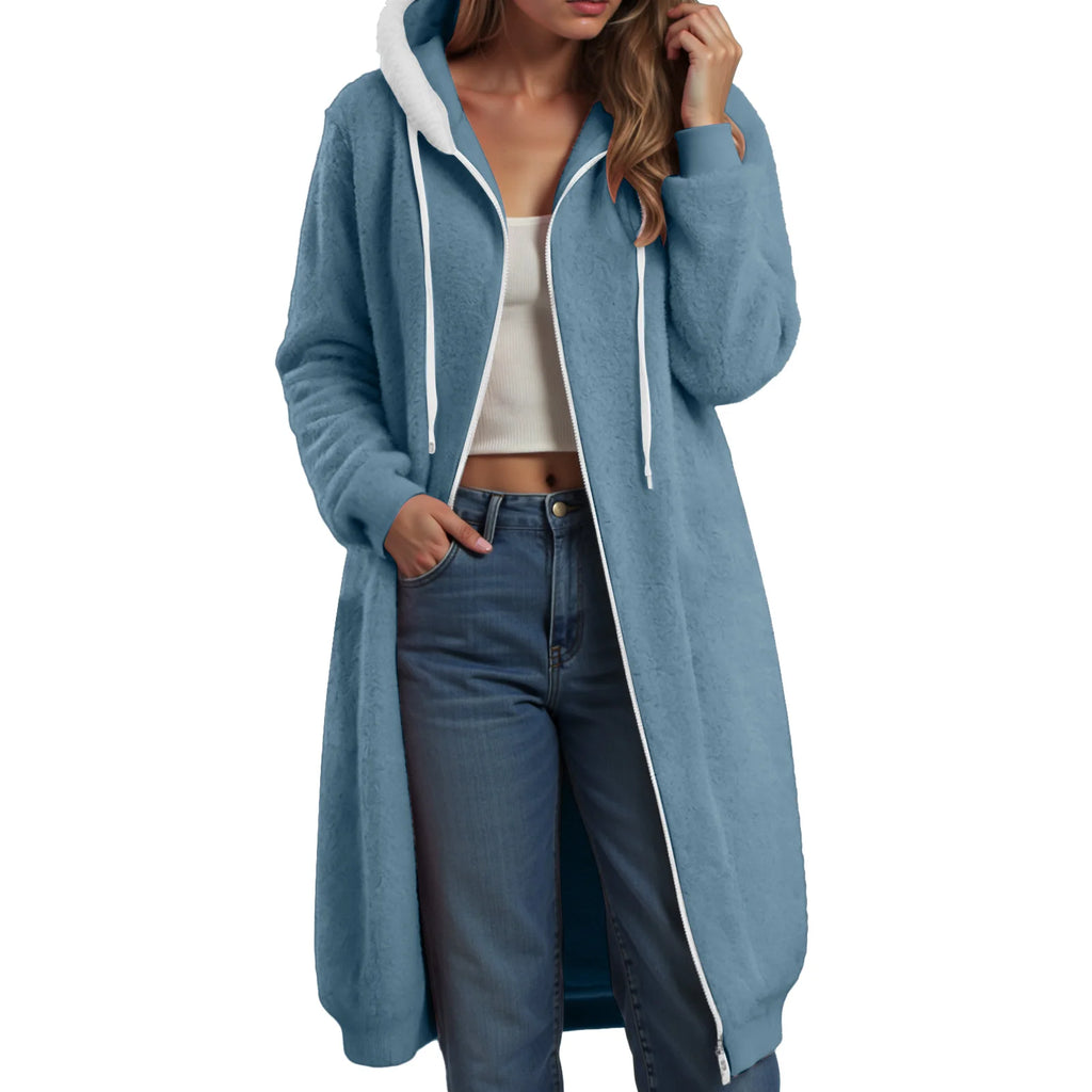 Longline Plush Fleece Hooded Jacket with Relaxed Streetwear Layering Fit