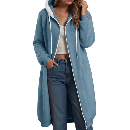 Longline Plush Fleece Hooded Jacket with Relaxed Streetwear Layering Fit