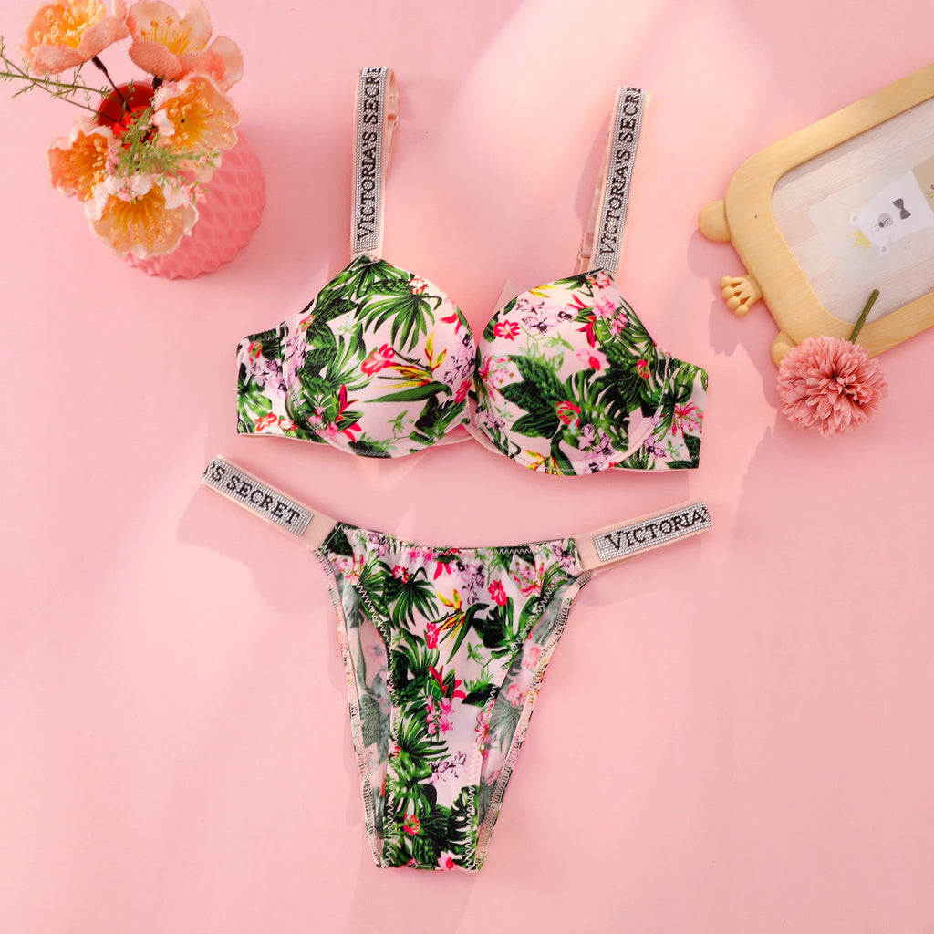 Vibrant Floral Print Smooth Contour Bra and Thong Set with Crystal Straps