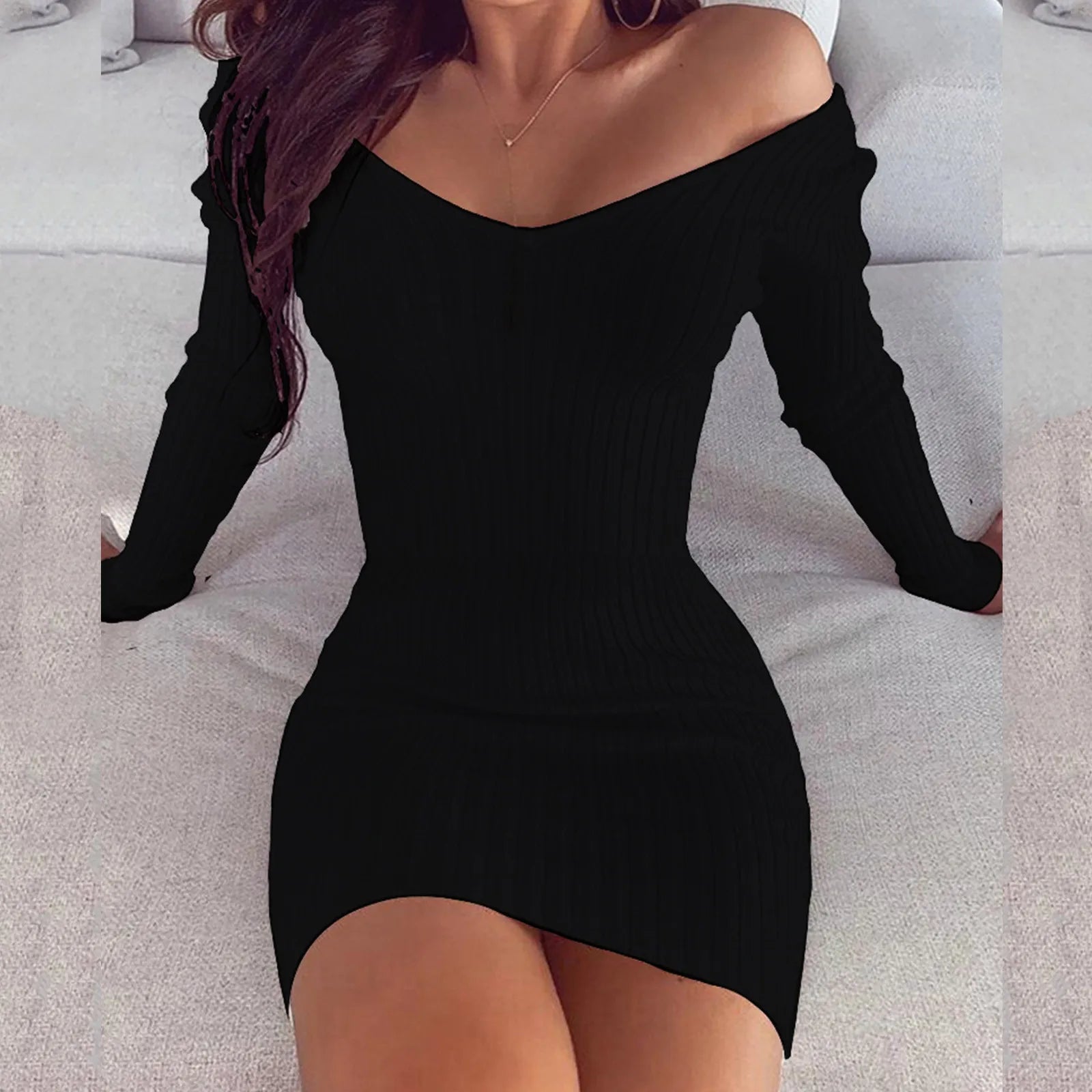 Ribbed Knit Bodycon Mini Dress with Long Sleeves and V Neckline