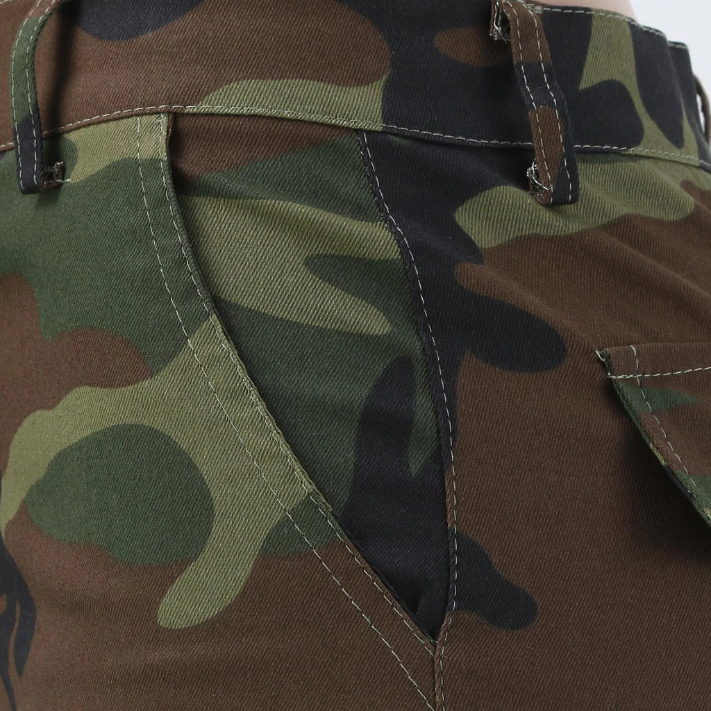 Women's Camouflage Print Shorts with Distressed Details and Casual Mid Length Streetwear Fit