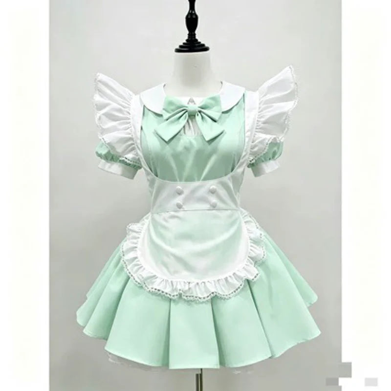 Pastel Color-Block Lolita Maid Dress with Pleated Skirt and Ruffled Apron
