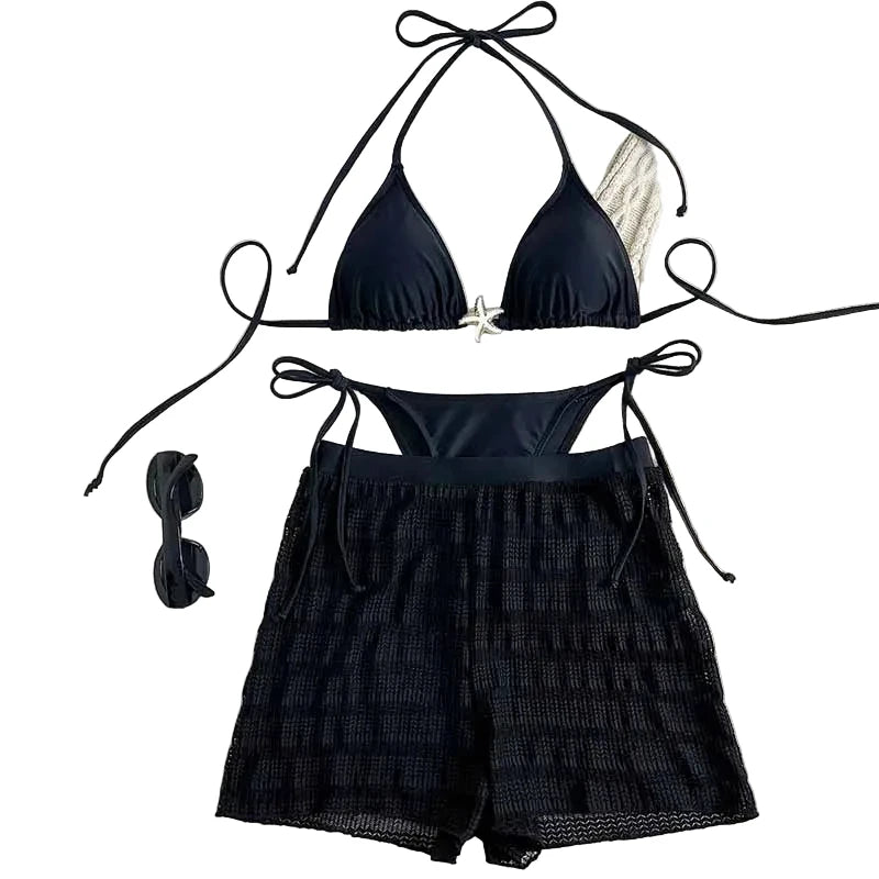 Solid Black Three-Piece String Bikini Set with Mesh Shorts Cover-Up