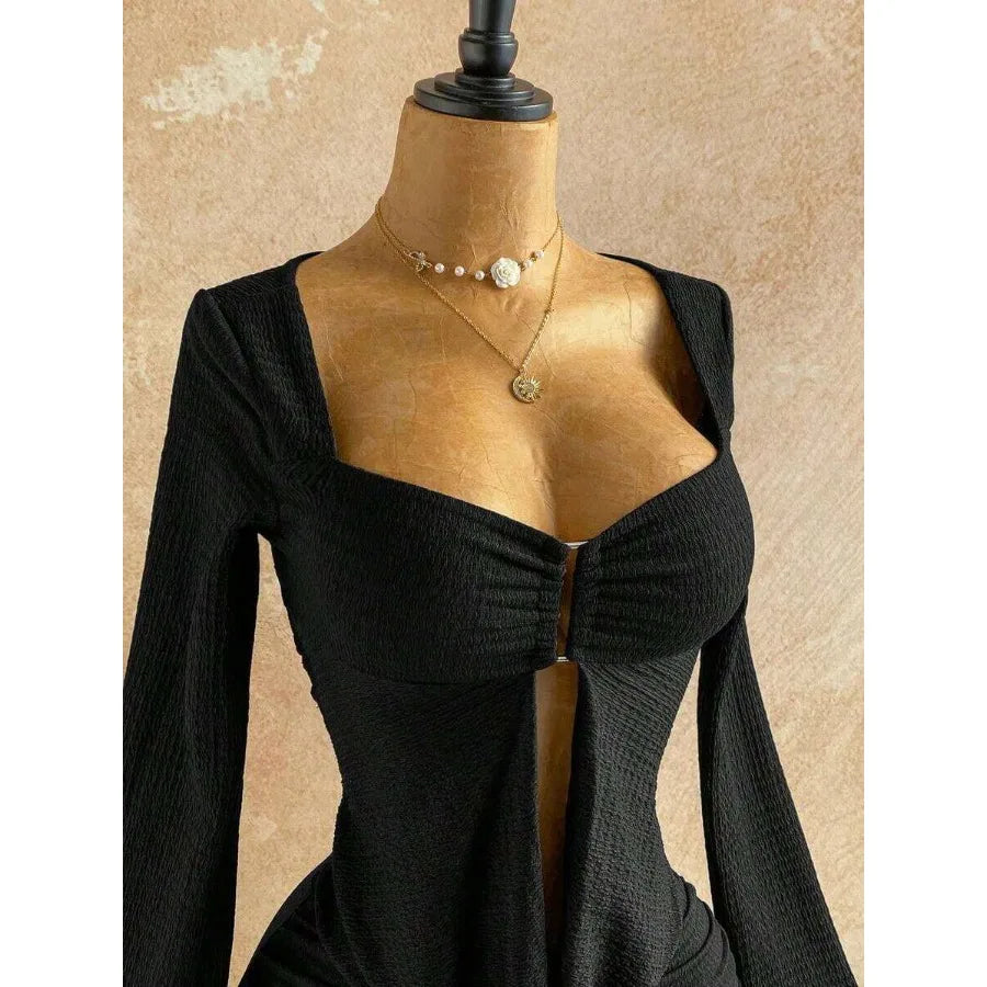 Sweetheart Neck Bodycon Mini Dress with Flare Sleeves and Open Back Detail
