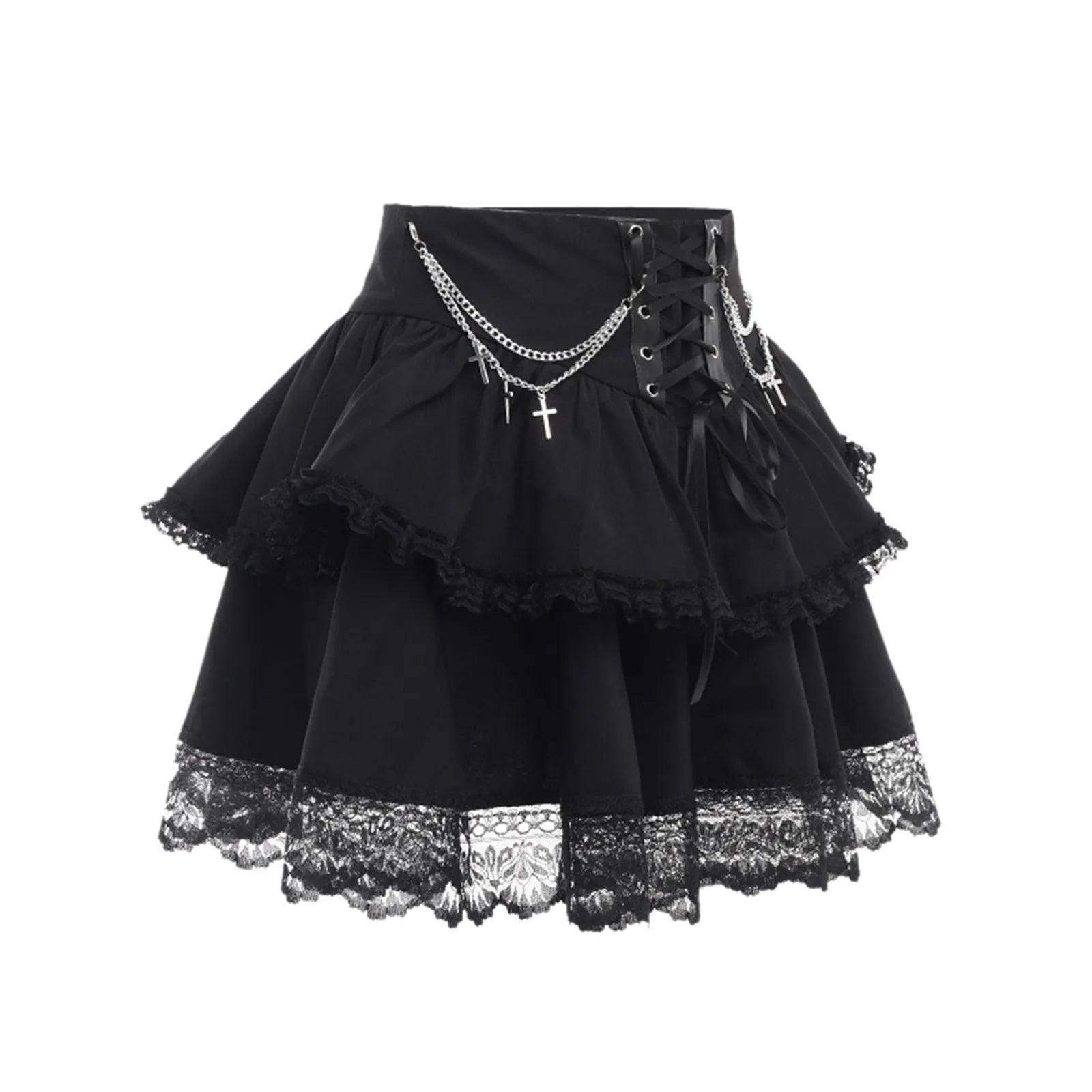 Layered Lace Gothic Mini Dress With Alternative Fashion Ruffle Skirt Design