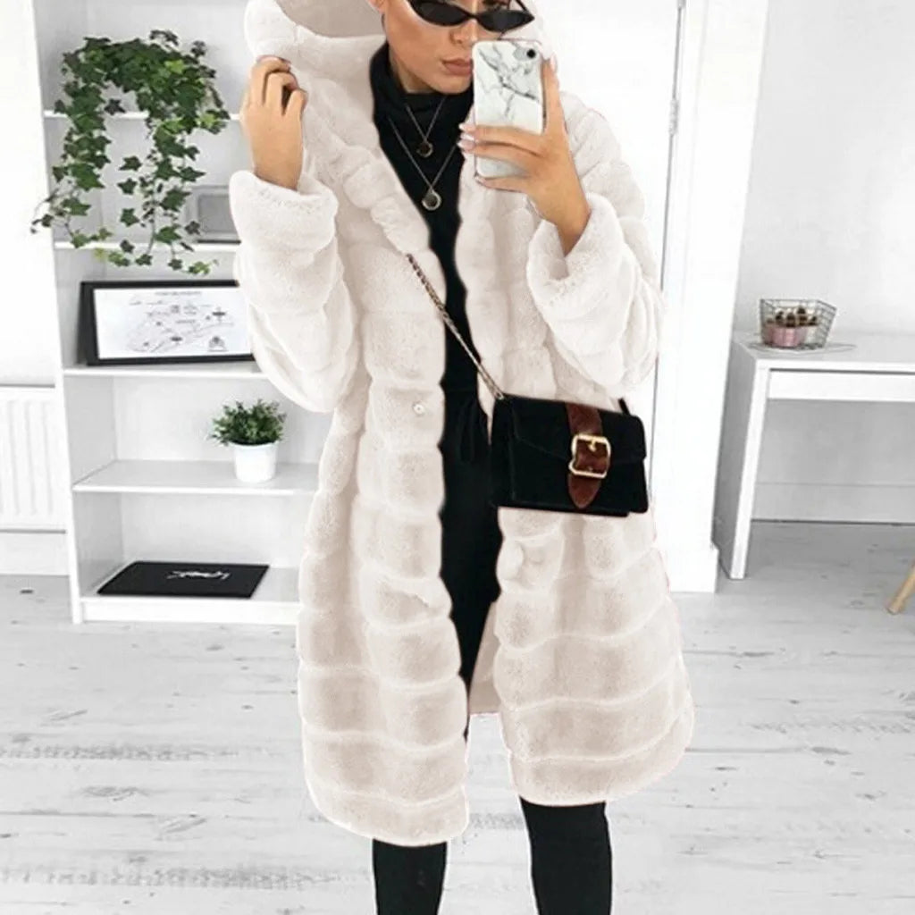 Women's Long Hooded Faux Fur Coat Plush Winter Warm Casual Statement Outerwear