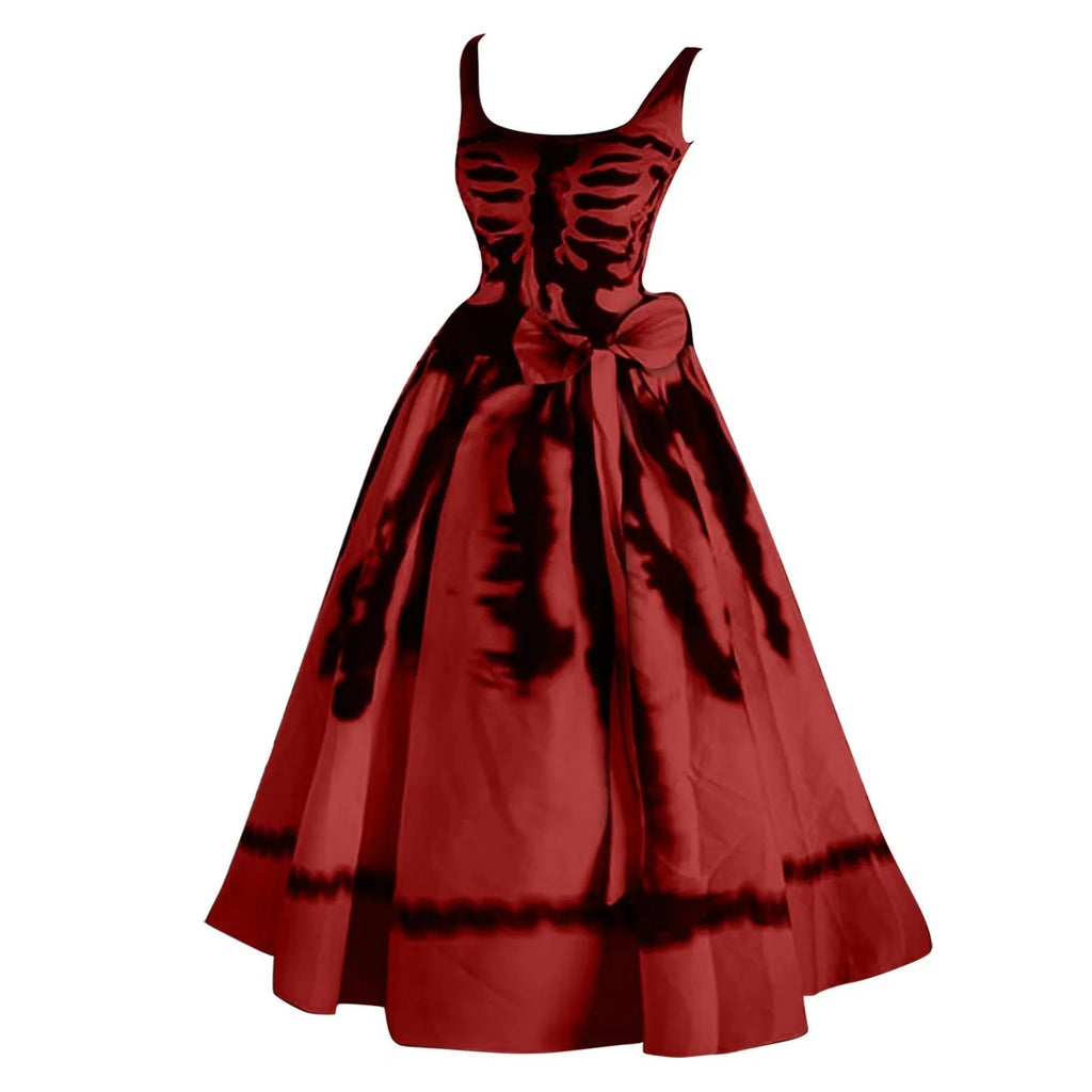 Halloween Skeleton Ribcage Print Flared Swing Dress with Waist Bow